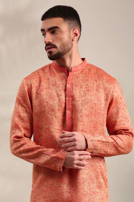 Mayank Modi - Men Orange Linen Embroidery Floral Woven Straight Kurta With Churidar Online at Aza Fashions Mayank Modi - Men_Orange Linen Embroidery Floral Woven Straight Kurta With Churidar_Online_at_Aza_Fashions