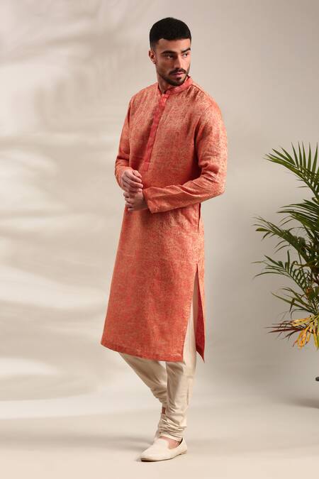 Shop Mayank Modi - Men Orange Linen Embroidery Floral Woven Straight Kurta With Churidar Online at Aza Fashions Shop_Mayank Modi - Men_Orange Linen Embroidery Floral Woven Straight Kurta With Churidar_Online_at_Aza_Fashions
