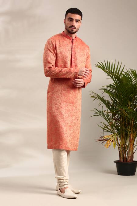 Mayank Modi - Men Orange Linen Embroidery Floral Woven Straight Kurta With Churidar at Aza Fashions Mayank Modi - Men_Orange Linen Embroidery Floral Woven Straight Kurta With Churidar_at_Aza_Fashions
