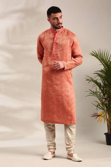 Buy Mayank Modi - Men Orange Linen Embroidery Floral Woven Straight Kurta With Churidar Buy_Mayank Modi - Men_Orange Linen Embroidery Floral Woven Straight Kurta With Churidar