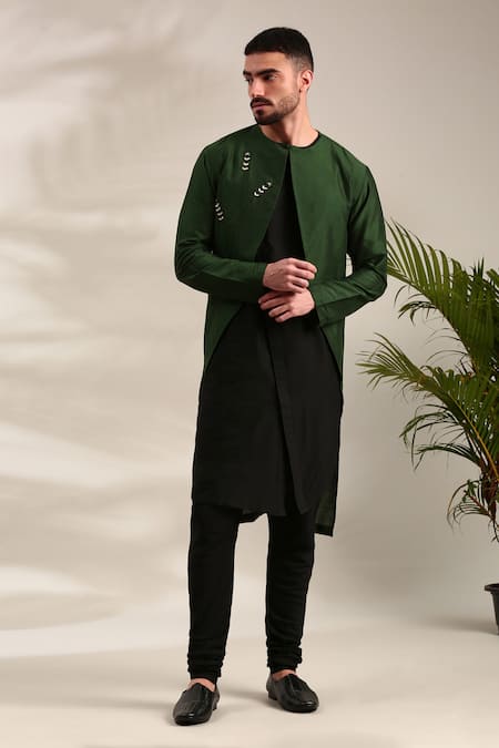 Buy_Mayank Modi - Men_Black Silk, Cotton Embroidery Floral Kurta Set With Jacket For Kids_Online_at_Aza_Fashions