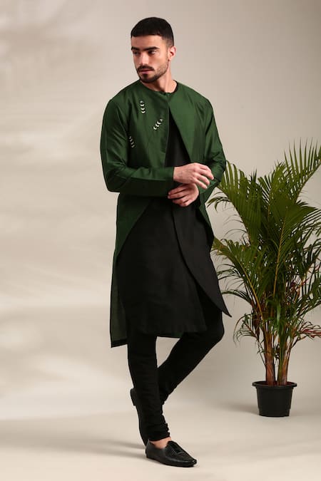 Mayank Modi - Men_Black Silk, Cotton Embroidery Floral Kurta Set With Jacket For Kids_at_Aza_Fashions