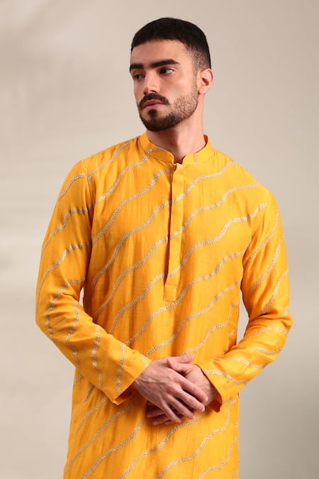 Buy_Mayank Modi - Men_Yellow Silk, Chanderi, Cotton Gota Patti Lace Embellished Kurta Set For Kids_Online_at_Aza_Fashions