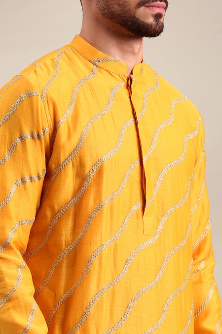 Shop_Mayank Modi - Men_Yellow Silk, Chanderi, Cotton Gota Patti Lace Embellished Kurta Set For Kids_Online_at_Aza_Fashions