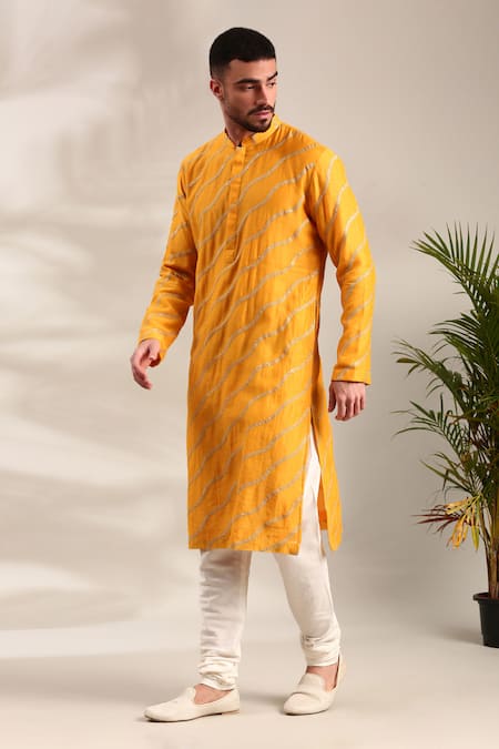 Buy_Mayank Modi - Men_Yellow Silk, Chanderi, Cotton Gota Patti Lace Embellished Kurta Set For Kids