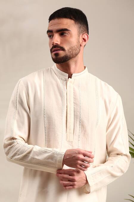 Mayank Modi - Men_Ivory Chanderi Mirrors Embellished Kurta Set For Kids_Online_at_Aza_Fashions