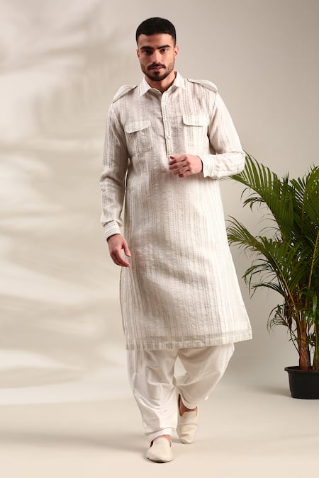 Mayank Modi - Men Ivory Chanderi Embellished Sequin Pathani Set 