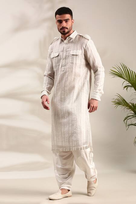 Shop_Mayank Modi - Men_Ivory Chanderi Sequins Embellished Pathani Set For Kids_Online_at_Aza_Fashions