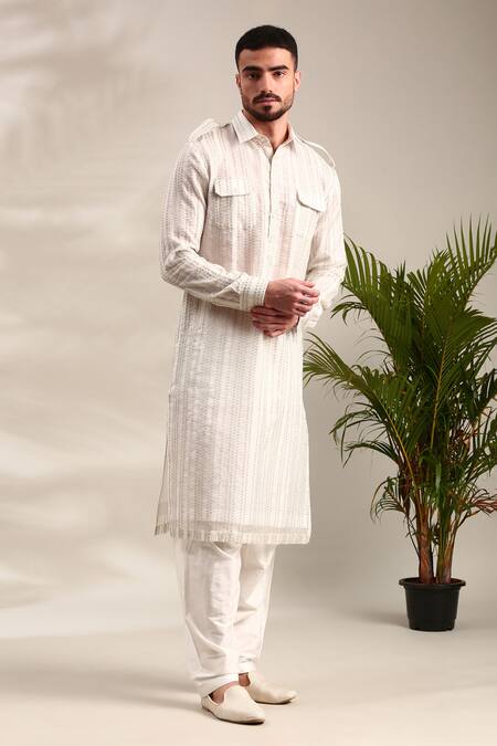 Mayank Modi - Men_Ivory Chanderi Sequins Embellished Pathani Set For Kids_at_Aza_Fashions