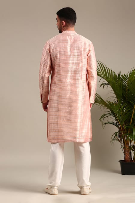 Mayank Modi - Men Stripe Pattern Peach Kurta Set For Kids