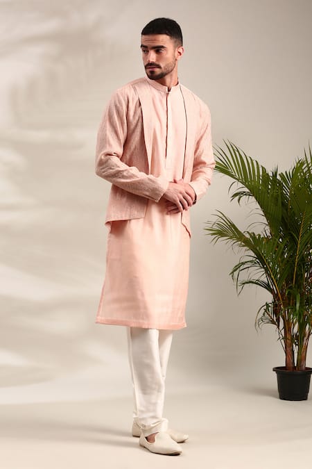 Mayank Modi - Men_Pink Chanderi Sequins Floral Embroidered Kurta Set For Kids_at_Aza_Fashions