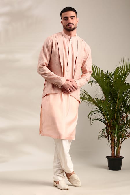 Buy_Mayank Modi - Men_Pink Chanderi Sequins Floral Embroidered Kurta Set For Kids