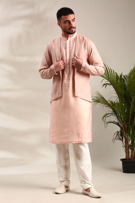 Shop_Mayank Modi - Men_Pink Chanderi Sequins Floral Embroidered Kurta Set For Kids