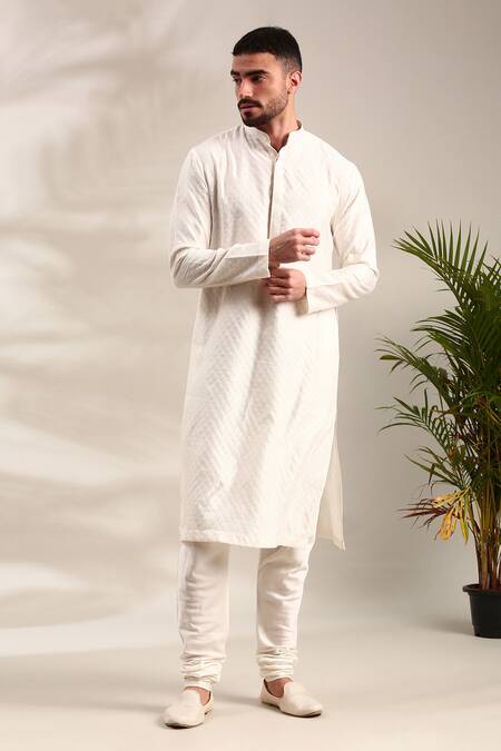 Buy_Mayank Modi - Men_Ivory Silk, Jacquard Geometric Flower Kurta Set For Kids_Online_at_Aza_Fashions