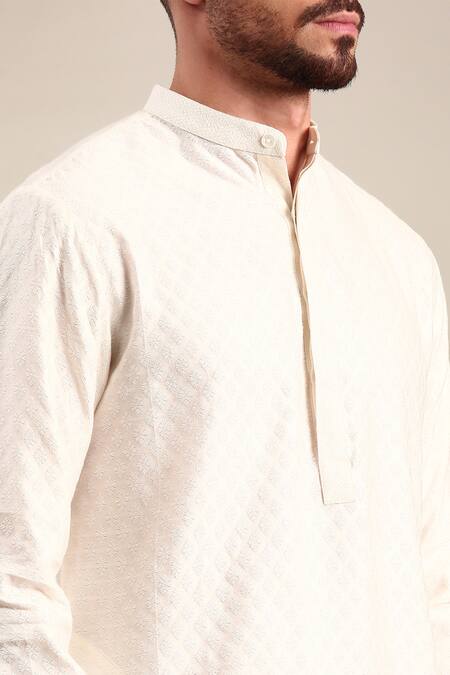 Mayank Modi - Men_Ivory Silk, Jacquard Geometric Flower Kurta Set For Kids_at_Aza_Fashions