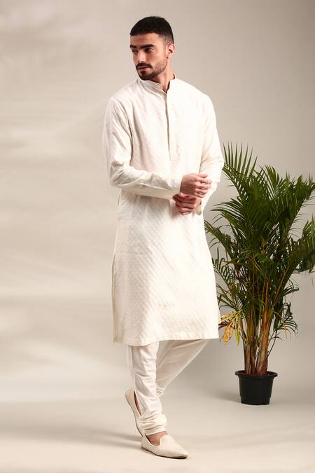 Buy_Mayank Modi - Men_Ivory Silk, Jacquard Geometric Flower Kurta Set For Kids