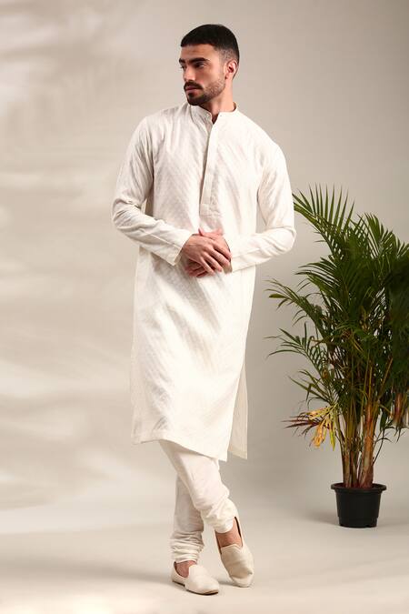 Shop_Mayank Modi - Men_Ivory Silk, Jacquard Geometric Flower Kurta Set For Kids