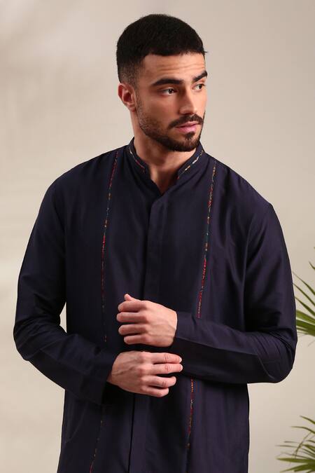 Buy_Mayank Modi - Men_Blue Silk, Cotton Front Open Solid Straight Kurta With Pant _Online_at_Aza_Fashions