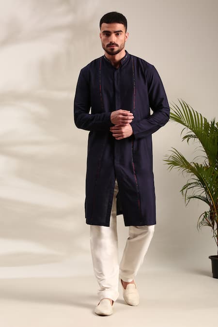 Shop_Mayank Modi - Men_Blue Silk, Cotton Front Open Solid Straight Kurta With Pant _Online_at_Aza_Fashions