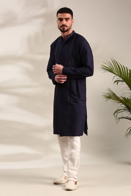 Buy_Mayank Modi - Men_Blue Silk, Cotton Front Open Solid Straight Kurta With Pant 