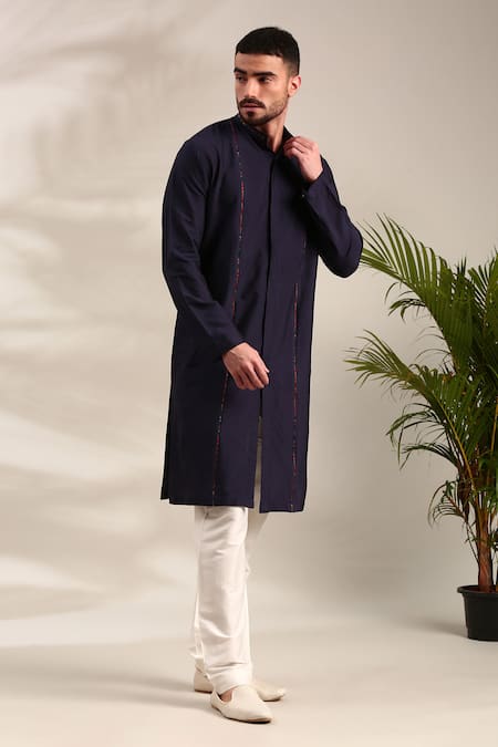Shop_Mayank Modi - Men_Blue Silk, Cotton Front Open Solid Straight Kurta With Pant 