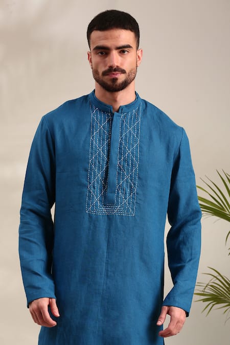 Mayank Modi - Men Blue Linen Embroidery Thread Detailed Kurta And Churidar Set For Kids Online at Aza Fashions Mayank Modi - Men_Blue Linen Embroidery Thread Detailed Kurta And Churidar Set For Kids_Online_at_Aza_Fashions