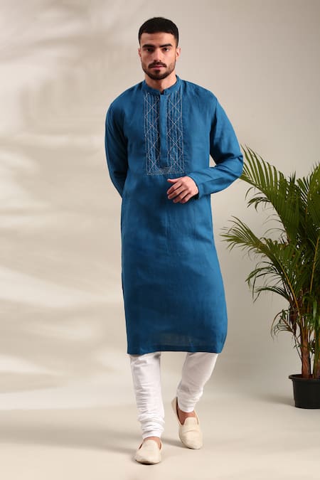 Buy Mayank Modi - Men Blue Linen Embroidery Thread Detailed Kurta And Churidar Set For Kids Online at Aza Fashions Buy_Mayank Modi - Men_Blue Linen Embroidery Thread Detailed Kurta And Churidar Set For Kids_Online_at_Aza_Fashions