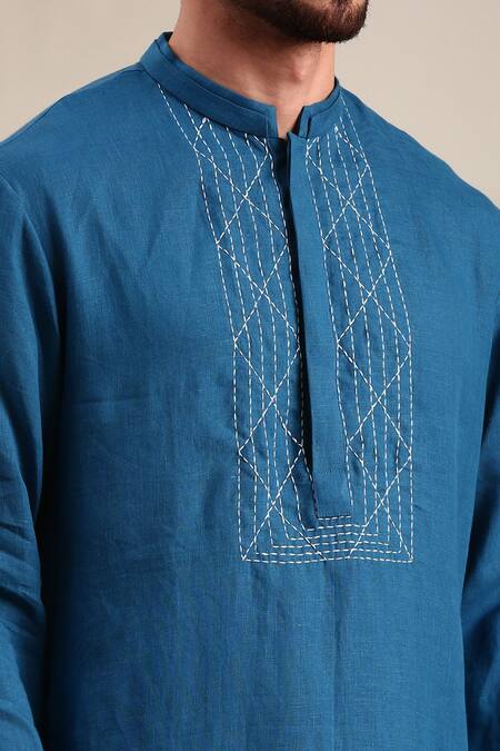 Shop Mayank Modi - Men Blue Linen Embroidery Thread Detailed Kurta And Churidar Set For Kids Online at Aza Fashions Shop_Mayank Modi - Men_Blue Linen Embroidery Thread Detailed Kurta And Churidar Set For Kids_Online_at_Aza_Fashions