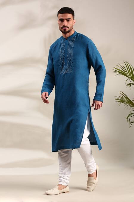 Mayank Modi - Men Blue Linen Embroidery Thread Detailed Kurta And Churidar Set For Kids at Aza Fashions Mayank Modi - Men_Blue Linen Embroidery Thread Detailed Kurta And Churidar Set For Kids_at_Aza_Fashions