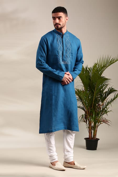 Buy Mayank Modi - Men Blue Linen Embroidery Thread Detailed Kurta And Churidar Set For Kids Buy_Mayank Modi - Men_Blue Linen Embroidery Thread Detailed Kurta And Churidar Set For Kids
