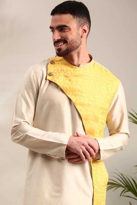 Mayank Modi - Men_Beige Silk, Linen Straight Kurta Set With Churidar For Kids_Online_at_Aza_Fashions