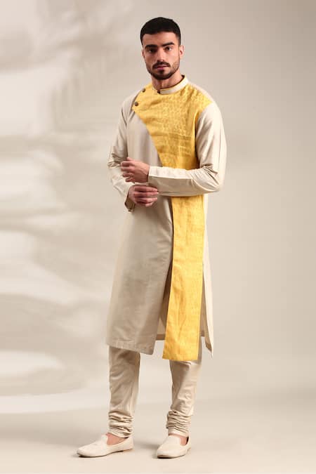 Shop_Mayank Modi - Men_Beige Silk, Linen Straight Kurta Set With Churidar For Kids_Online_at_Aza_Fashions