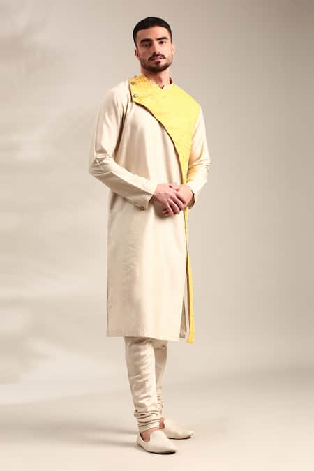 Mayank Modi - Men_Beige Silk, Linen Straight Kurta Set With Churidar For Kids_at_Aza_Fashions