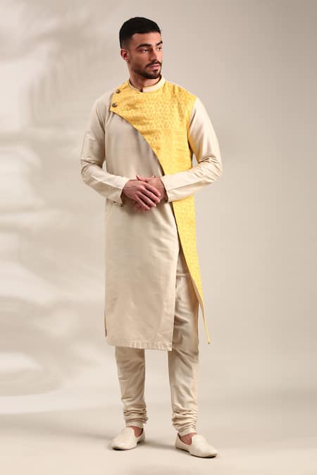 Buy_Mayank Modi - Men_Beige Silk, Linen Straight Kurta Set With Churidar For Kids