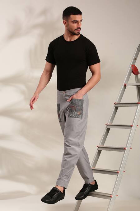 Shop Mayank Modi - Men Grey Cotton Embroidery Patch Pocket Detailed Trouser at Aza Fashions Shop_Mayank Modi - Men_Grey Cotton Embroidery Patch Pocket Detailed Trouser _at_Aza_Fashions