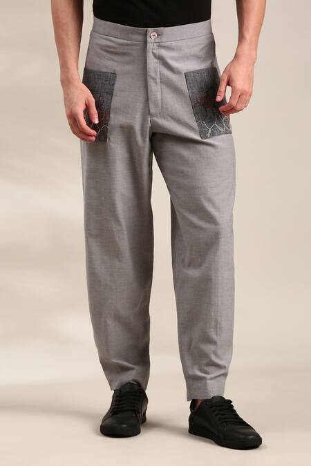 Mayank Modi - Men Grey Cotton Embroidery Patch Pocket Detailed Trouser Online at Aza Fashions Mayank Modi - Men_Grey Cotton Embroidery Patch Pocket Detailed Trouser _Online_at_Aza_Fashions