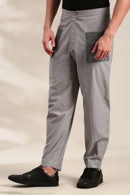Buy Mayank Modi - Men Grey Cotton Embroidery Patch Pocket Detailed Trouser Online at Aza Fashions Buy_Mayank Modi - Men_Grey Cotton Embroidery Patch Pocket Detailed Trouser _Online_at_Aza_Fashions