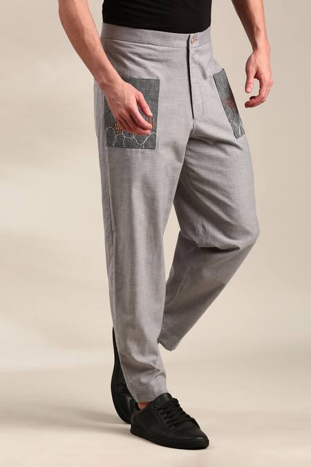 Shop Mayank Modi - Men Grey Cotton Embroidery Patch Pocket Detailed Trouser Online at Aza Fashions Shop_Mayank Modi - Men_Grey Cotton Embroidery Patch Pocket Detailed Trouser _Online_at_Aza_Fashions