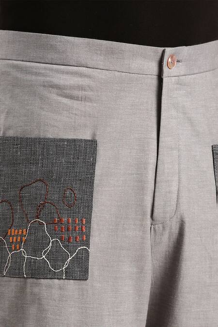 Buy Mayank Modi - Men Grey Cotton Embroidery Patch Pocket Detailed Trouser Buy_Mayank Modi - Men_Grey Cotton Embroidery Patch Pocket Detailed Trouser