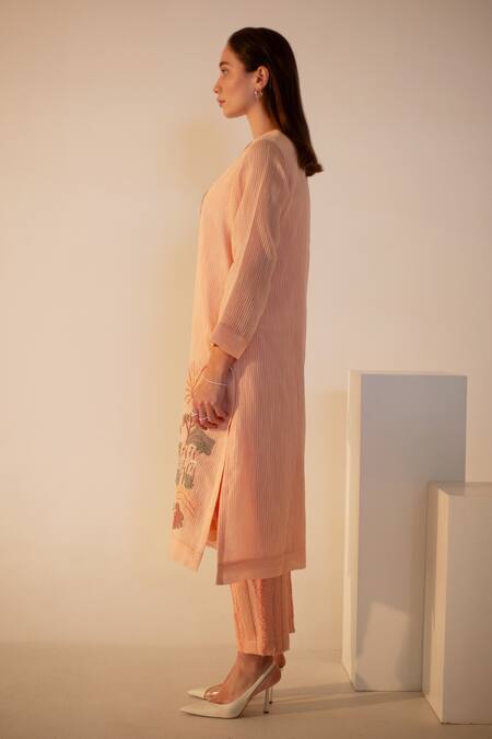 Shop_Oja_Pink Linen, Handloom Cotton Embroidery Round Palm Tree Applique Kurta With Pant _Online_at_Aza_Fashions