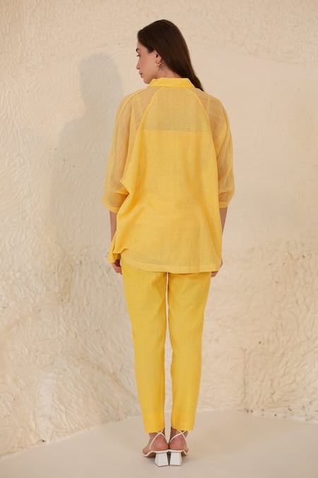 Shop Oja Yellow Linen, Canvas Embroidery, Applique Collared Palm Tree Shirt With Pant at Aza Fashions Shop_Oja_Yellow Linen, Canvas Embroidery, Applique Collared Palm Tree Shirt With Pant _at_Aza_Fashions