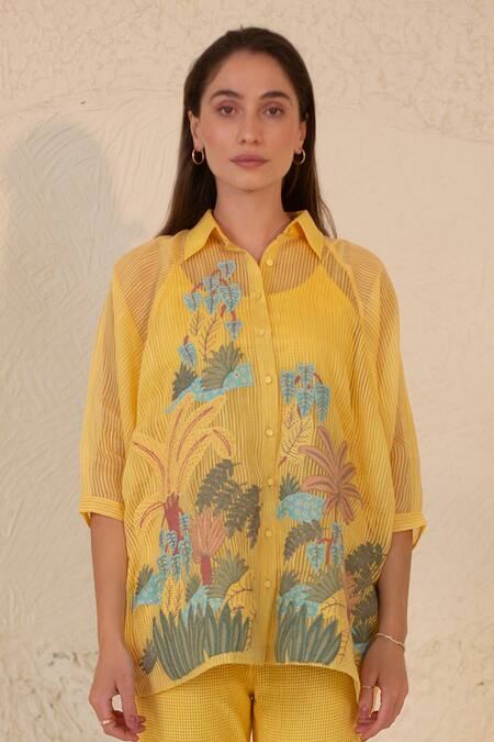 Oja Yellow Linen, Canvas Embroidery, Applique Collared Palm Tree Shirt With Pant Online at Aza Fashions Oja_Yellow Linen, Canvas Embroidery, Applique Collared Palm Tree Shirt With Pant _Online_at_Aza_Fashions