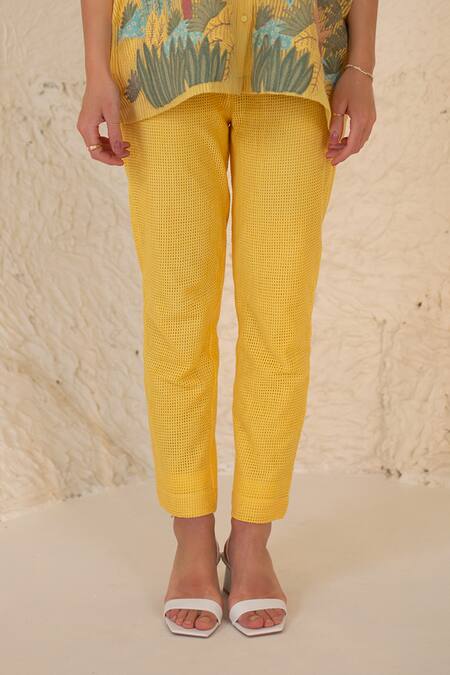 Buy Oja Yellow Linen, Canvas Embroidery, Applique Collared Palm Tree Shirt With Pant Online at Aza Fashions Buy_Oja_Yellow Linen, Canvas Embroidery, Applique Collared Palm Tree Shirt With Pant _Online_at_Aza_Fashions