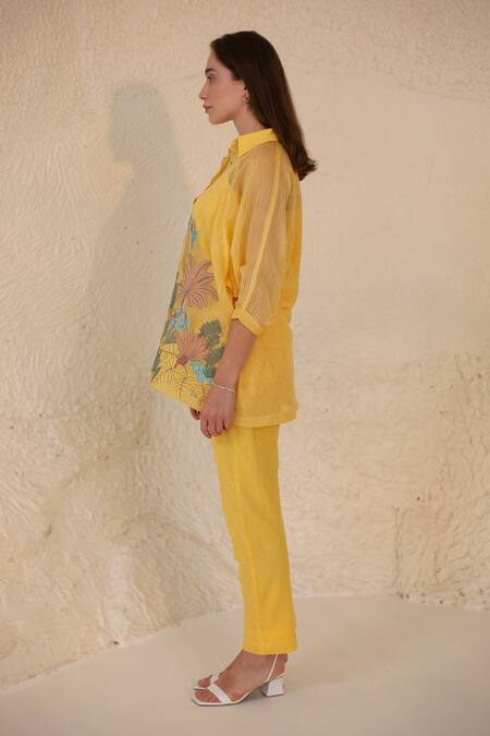 Shop Oja Yellow Linen, Canvas Embroidery, Applique Collared Palm Tree Shirt With Pant Online at Aza Fashions Shop_Oja_Yellow Linen, Canvas Embroidery, Applique Collared Palm Tree Shirt With Pant _Online_at_Aza_Fashions