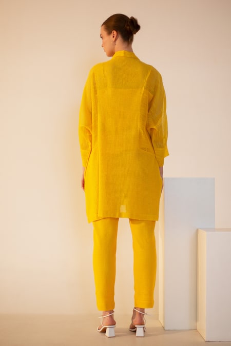 Shop Oja Yellow Linen, Canvas Embroidery Collared Palm Tree Applique Work Shirt With Pant at Aza Fashions Shop_Oja_Yellow Linen, Canvas Embroidery Collared Palm Tree Applique Work Shirt With Pant _at_Aza_Fashions