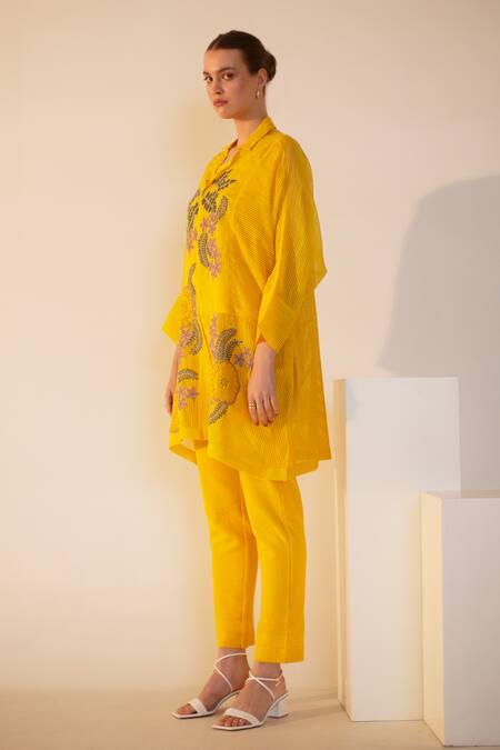 Oja Yellow Linen, Canvas Embroidery Collared Palm Tree Applique Work Shirt With Pant Online at Aza Fashions Oja_Yellow Linen, Canvas Embroidery Collared Palm Tree Applique Work Shirt With Pant _Online_at_Aza_Fashions