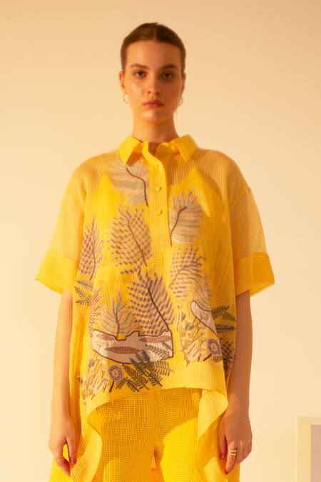 Shop Oja Yellow Linen, Canvas Embroidery Collared Palm Tree Applique Work Shirt With Pant Online at Aza Fashions Shop_Oja_Yellow Linen, Canvas Embroidery Collared Palm Tree Applique Work Shirt With Pant _Online_at_Aza_Fashions