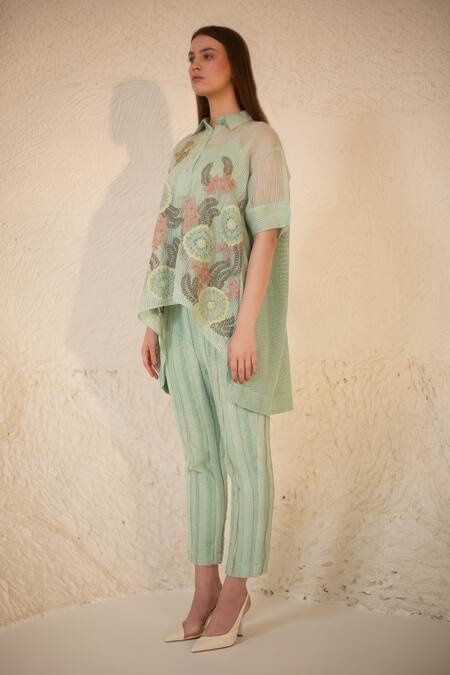 Shop Oja Green Linen, Handloom Cotton Embroidery Floral Applique Work Shirt With Pant Online at Aza Fashions Shop_Oja_Green Linen, Handloom Cotton Embroidery Floral Applique Work Shirt With Pant _Online_at_Aza_Fashions