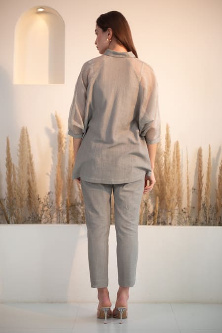 Shop Oja Grey Linen, Canvas Embroidery Collared Floral Patch Work Shirt With Pant at Aza Fashions Shop_Oja_Grey Linen, Canvas Embroidery Collared Floral Patch Work Shirt With Pant _at_Aza_Fashions