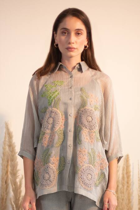 Oja Grey Linen, Canvas Embroidery Collared Floral Patch Work Shirt With Pant Online at Aza Fashions Oja_Grey Linen, Canvas Embroidery Collared Floral Patch Work Shirt With Pant _Online_at_Aza_Fashions